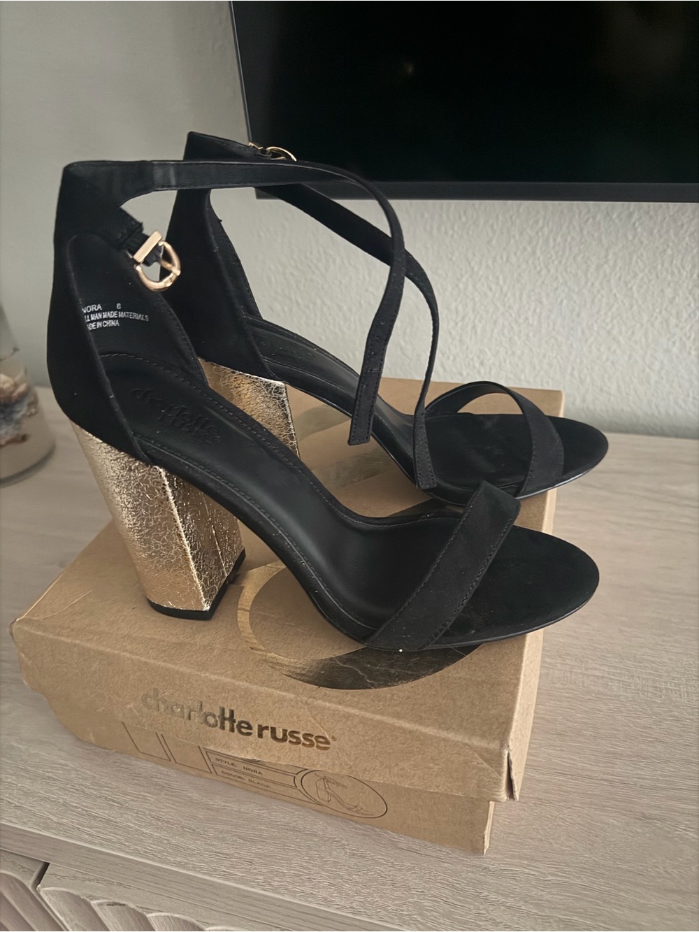 Charlotte Russe Black Suede Ankle-Strap Heels with Gold Block Heel